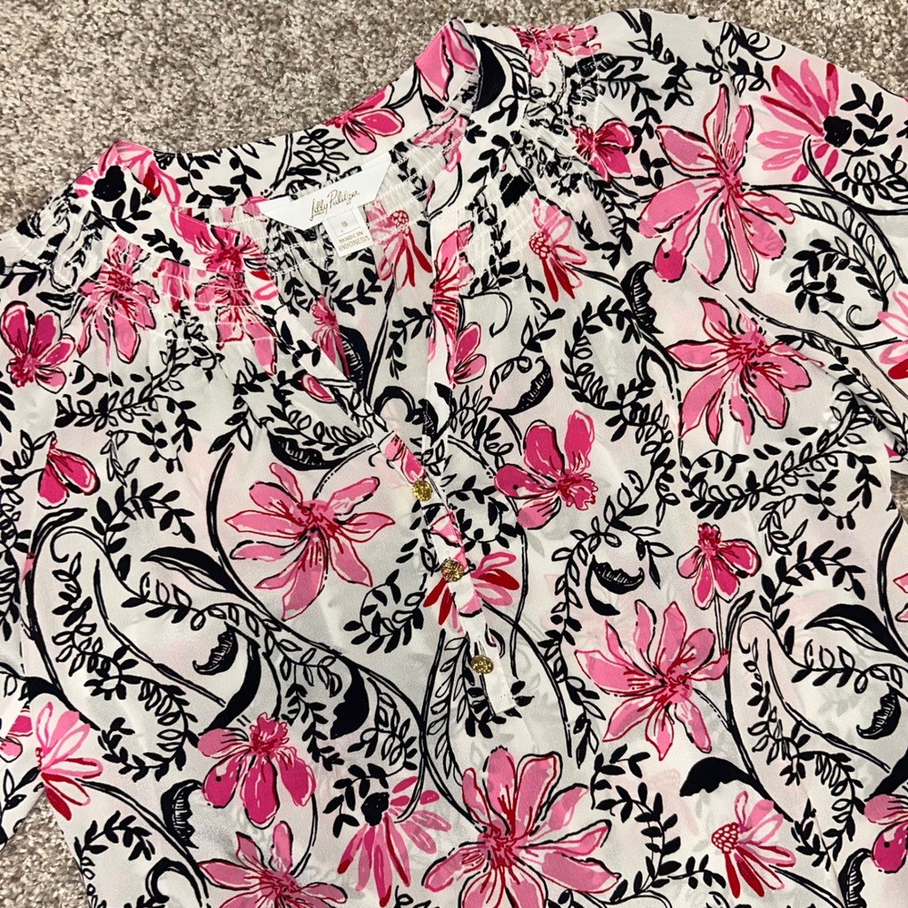 Lilly Pulitzer Elsa Silk Top Small Onyx Blooms Pink Floral Long Sleeve Blouse